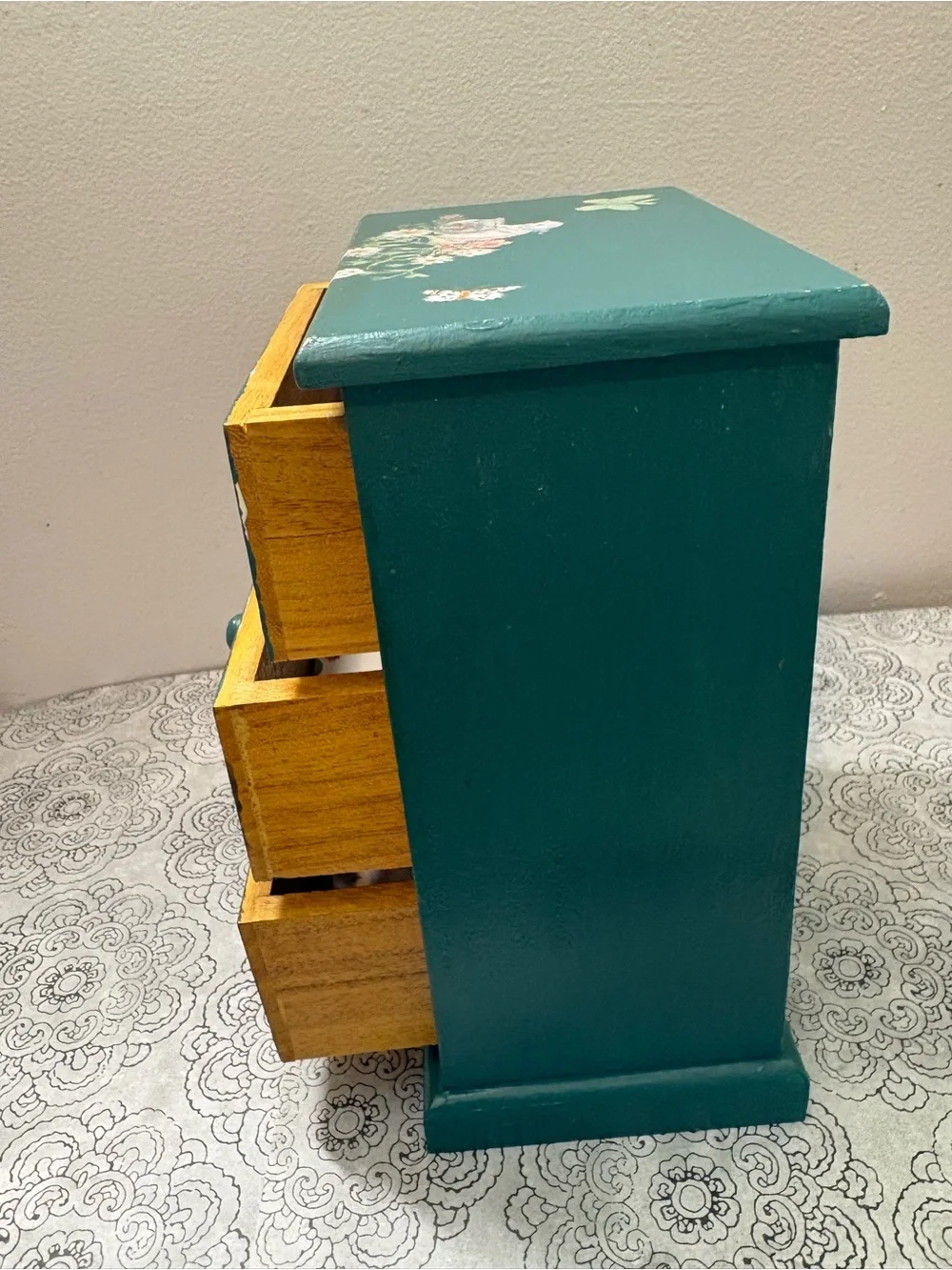 Teal Jewelry Chest with Cat & Bird Motif